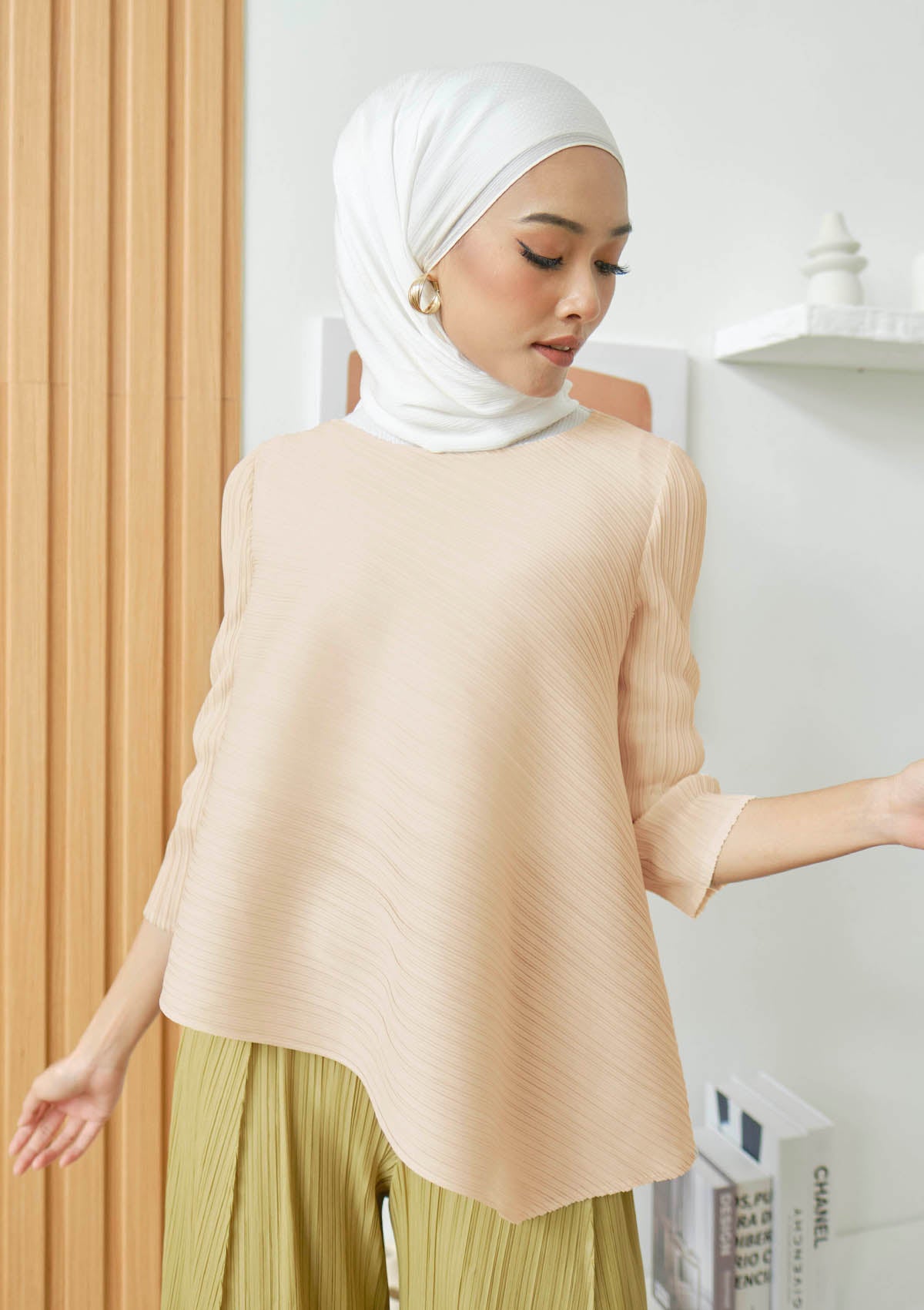 Jane Beige Pleated Asymmetric Top
