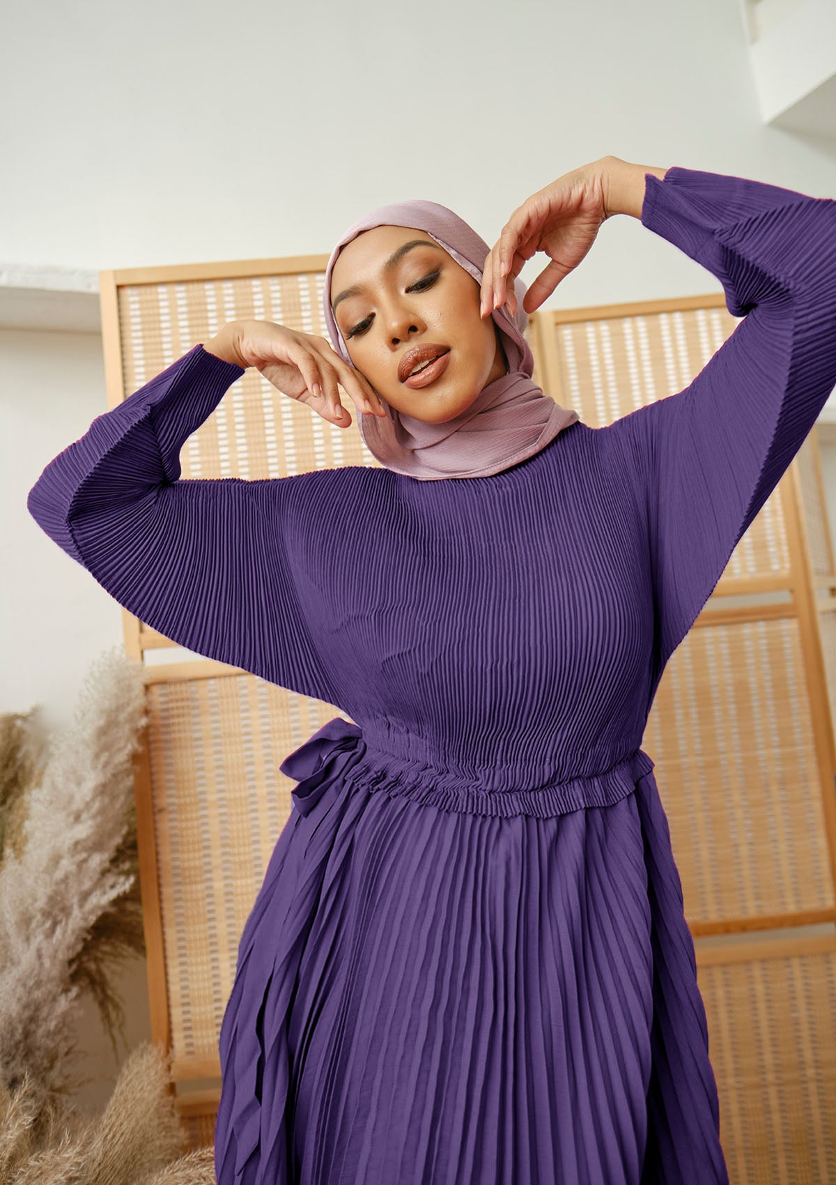 Lenox Purple Puffed Sleeve Pleated Dress