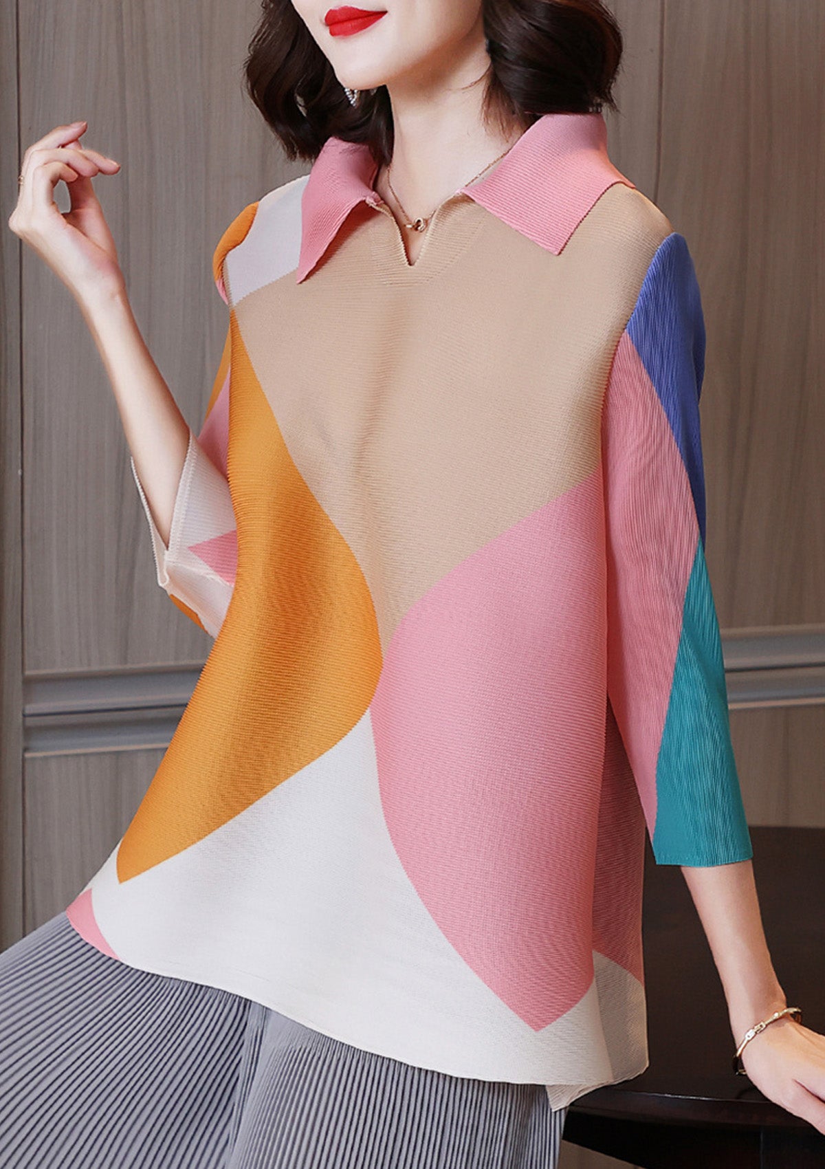 Lorise Pink Colourblock Pleated Top