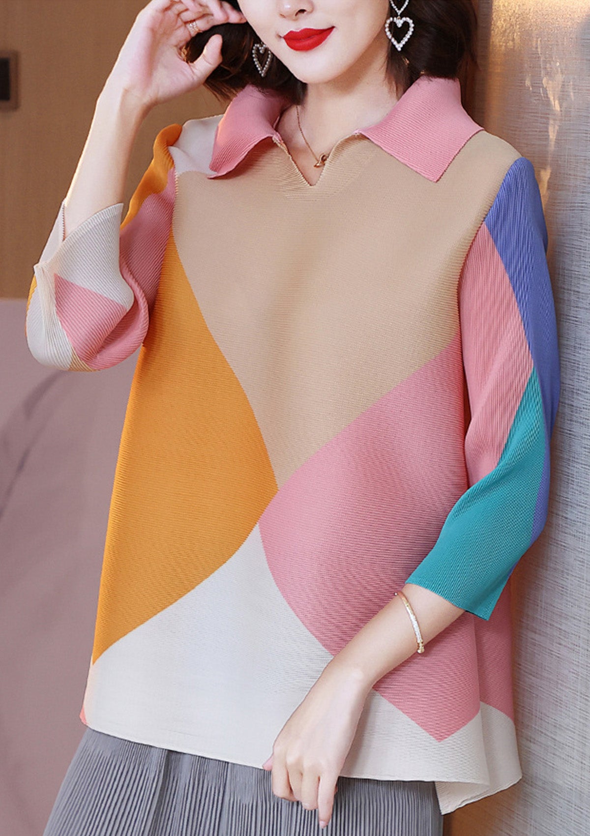 Lorise Pink Colourblock Pleated Top