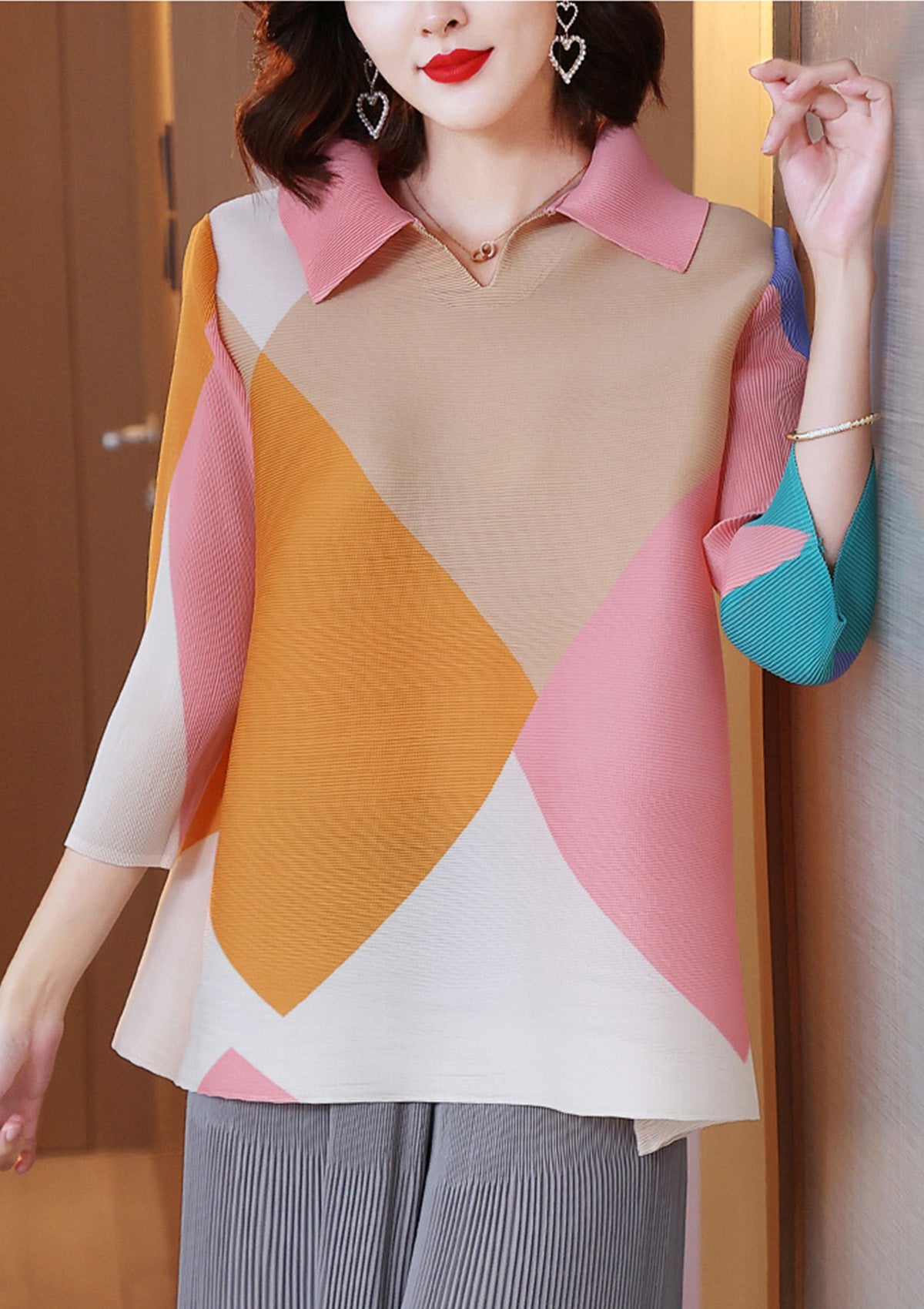 Lorise Pink Colourblock Pleated Top