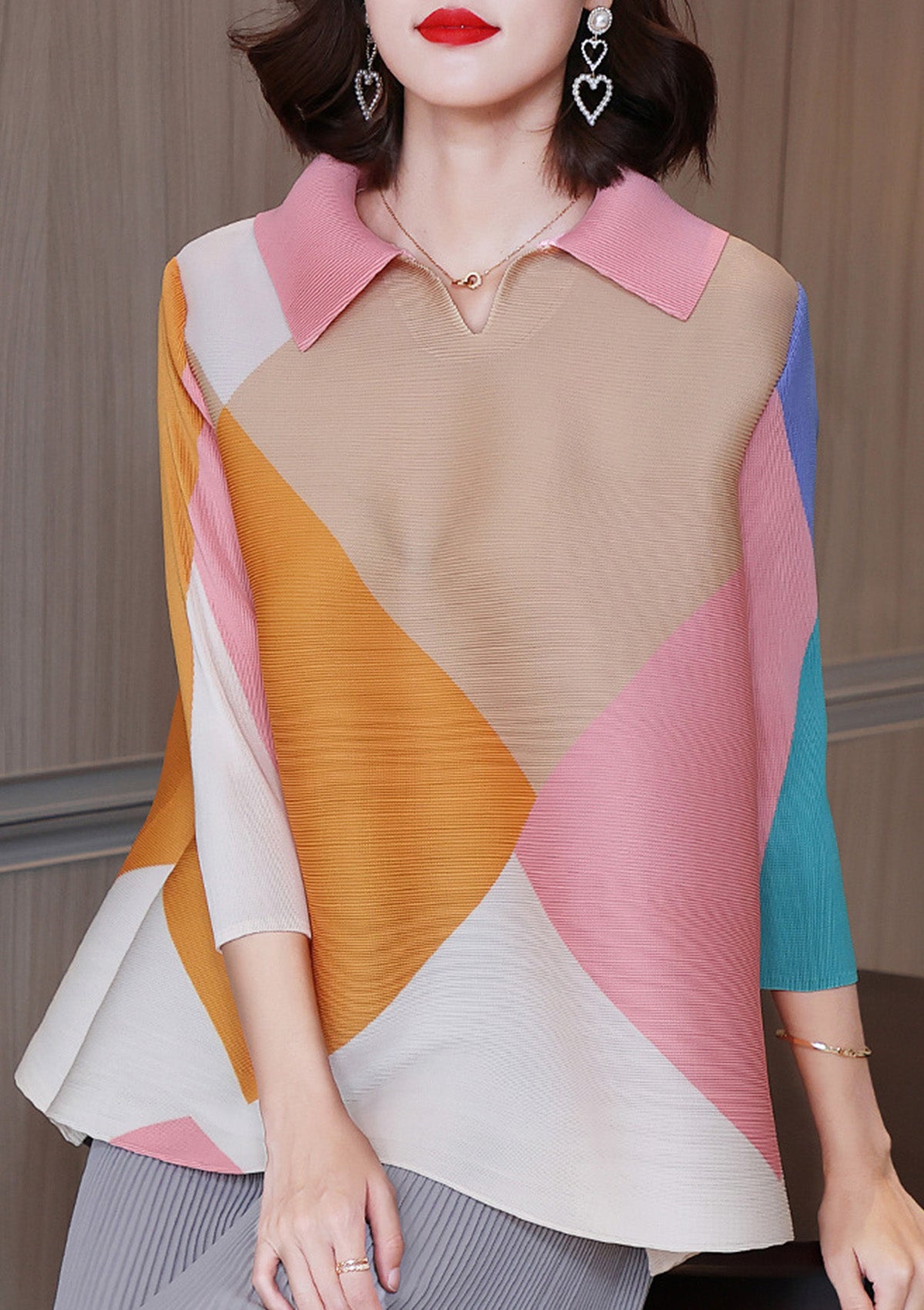 Lorise Pink Colourblock Pleated Top