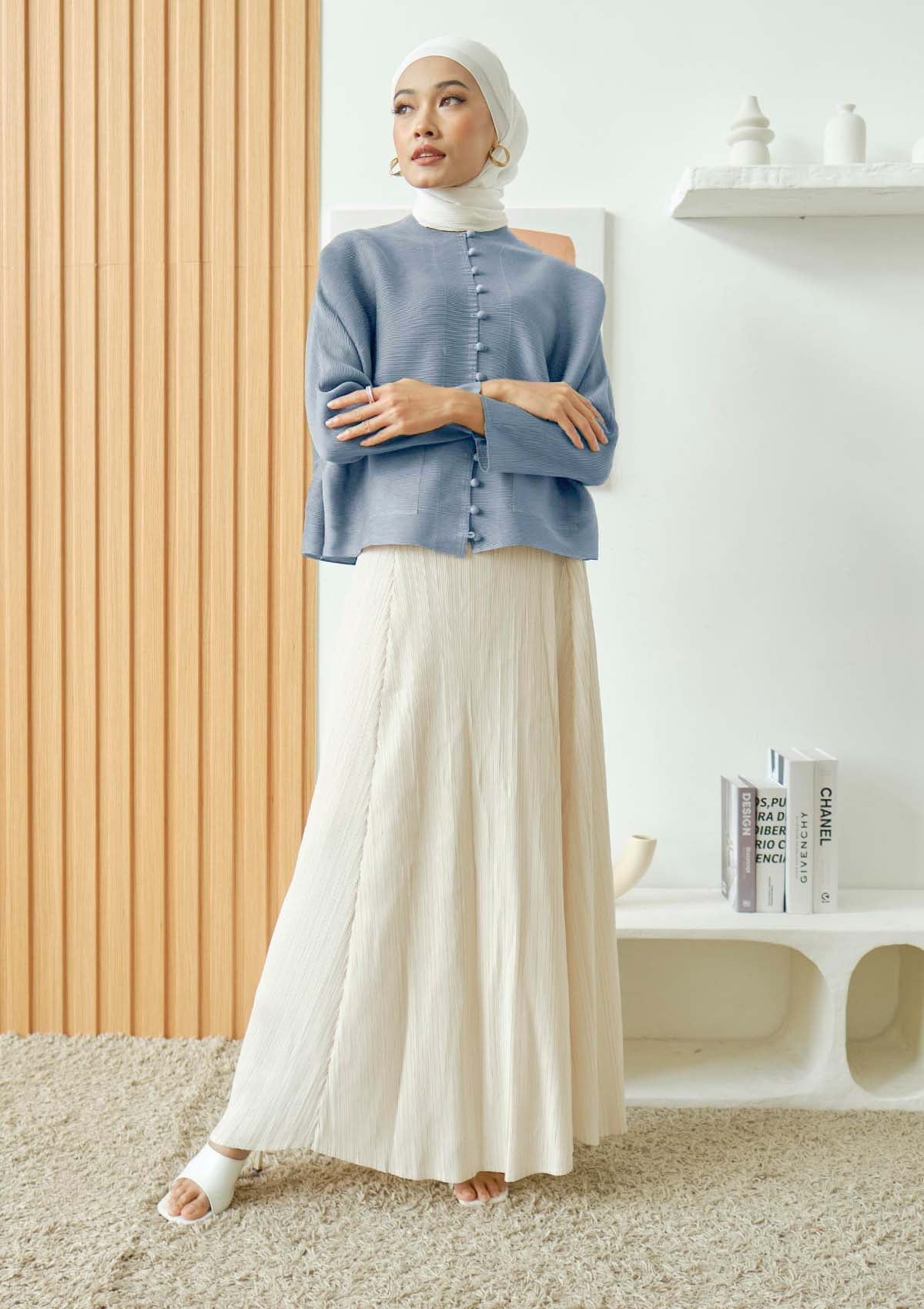 Riley Baby Blue Front Pocket Pleated Top