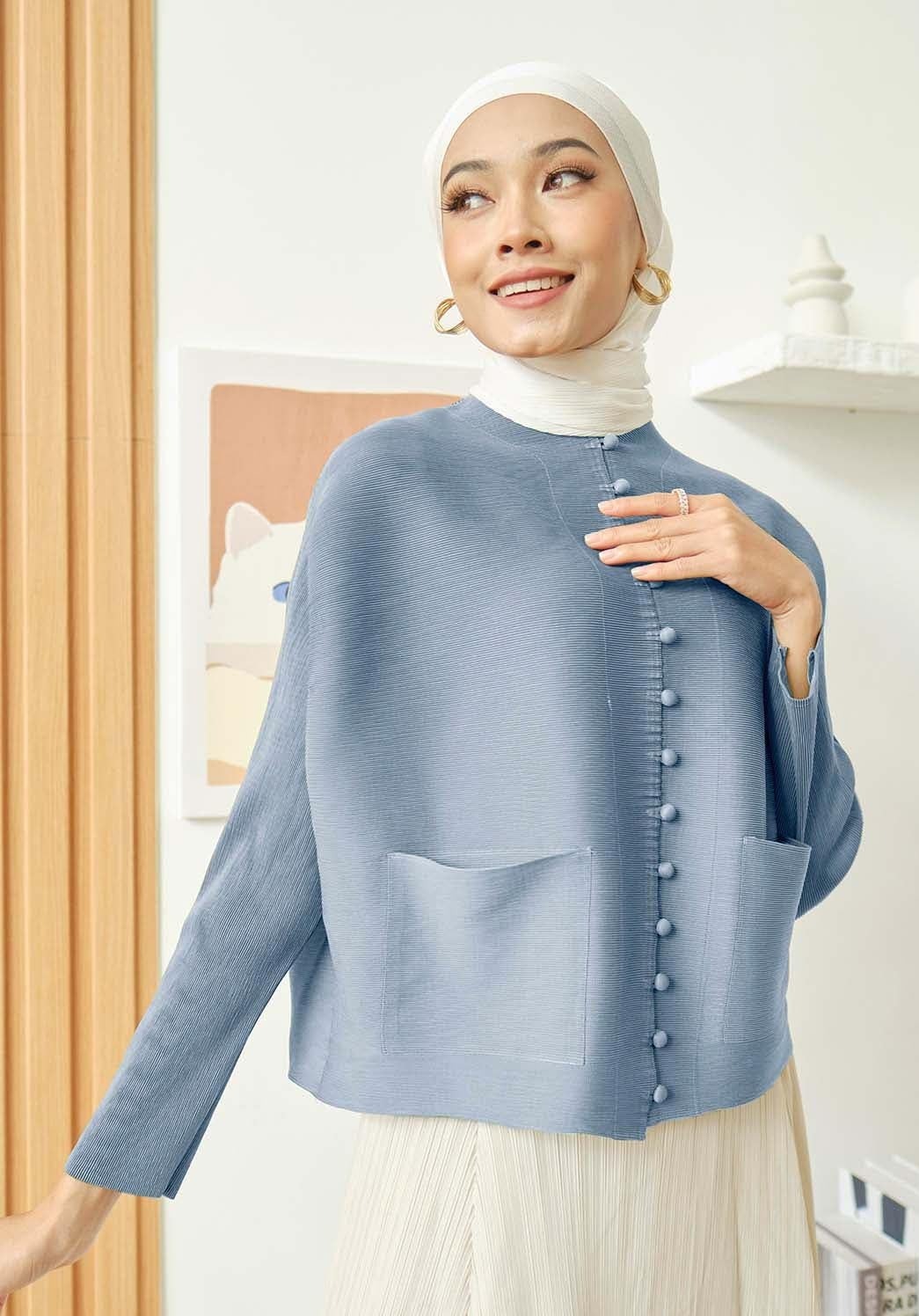 Riley Baby Blue Front Pocket Pleated Top