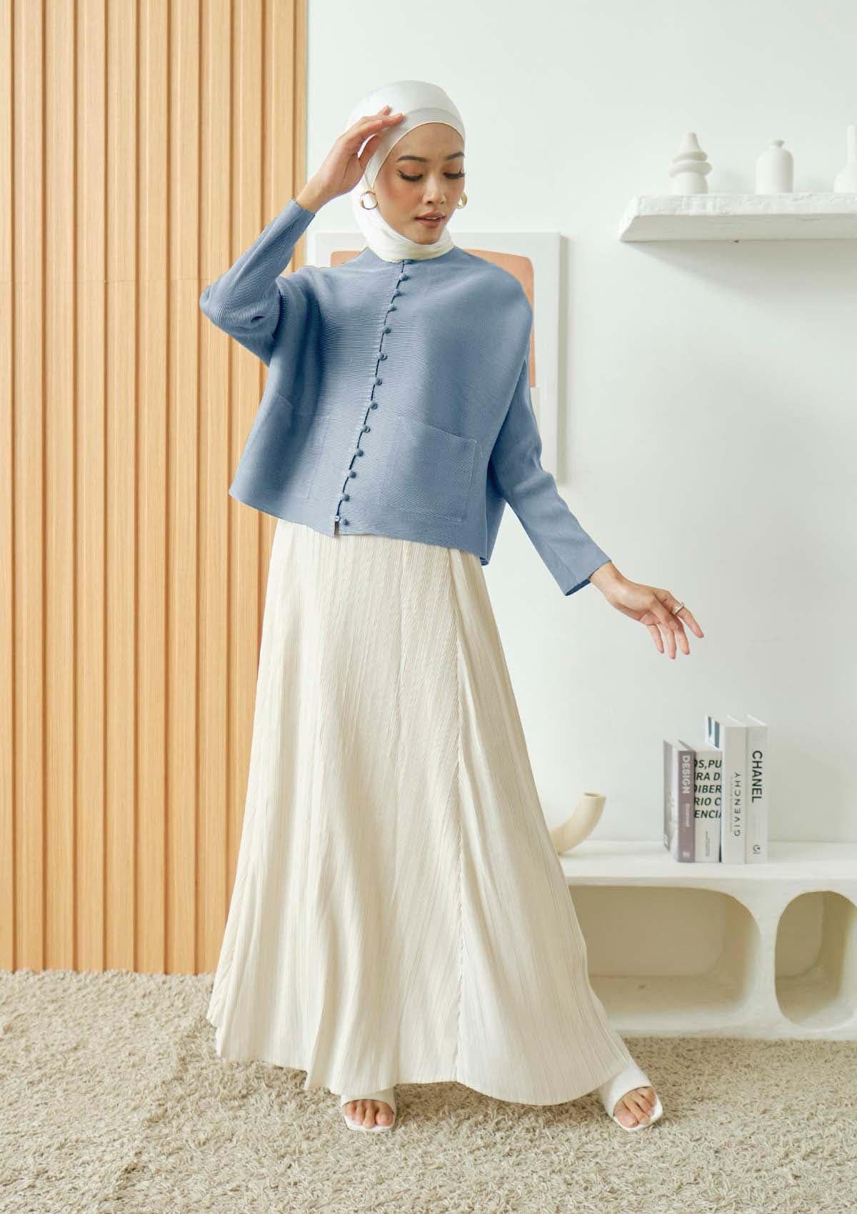 Riley Baby Blue Front Pocket Pleated Top