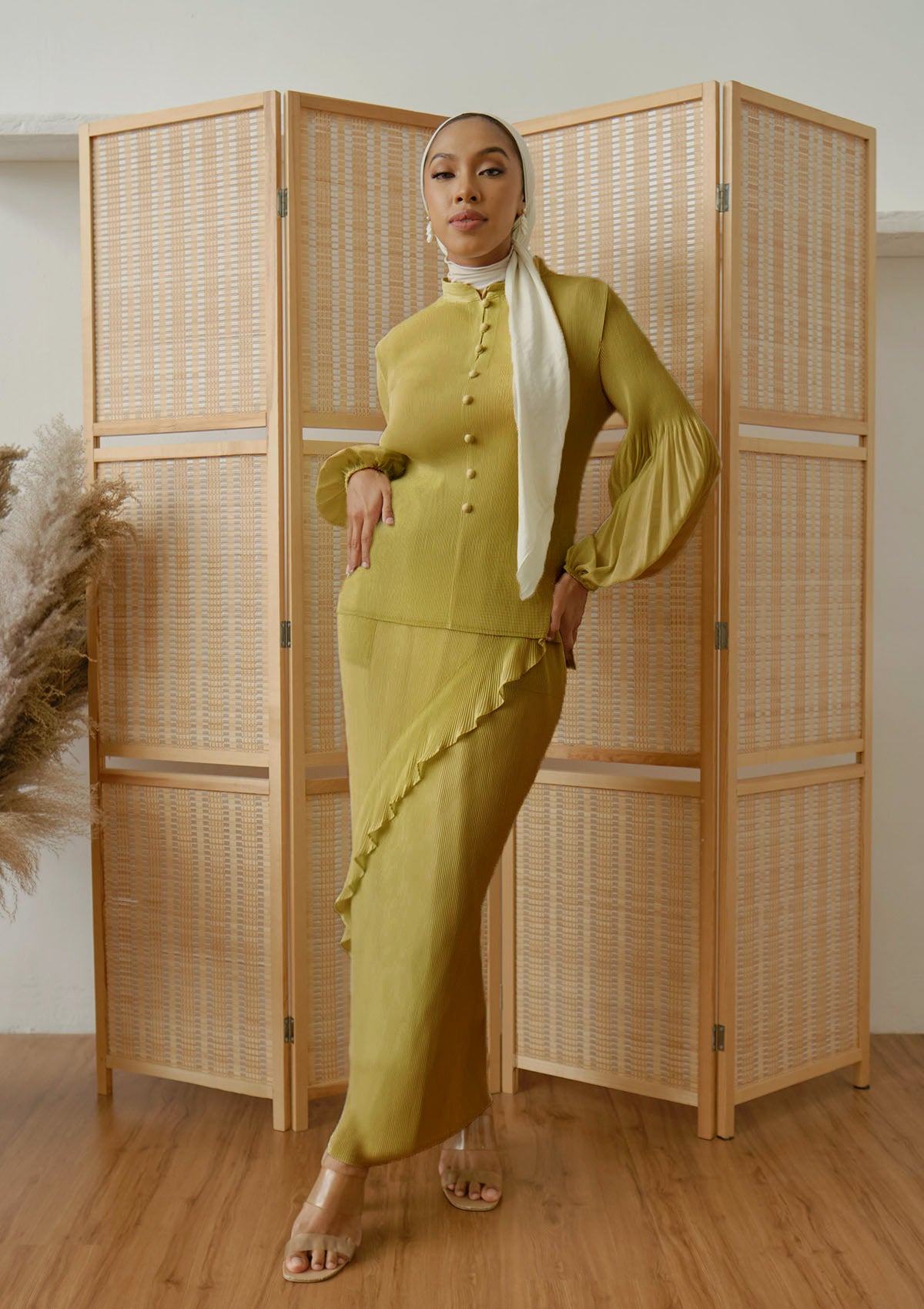 Vanya Olive Green Ruffled Pleated Set