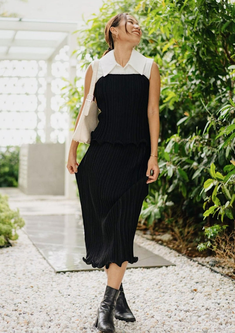 Bella Black Midi Scallop Trim Pleated Skirt
