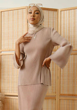 Alisa Khaki Bell Sleeves Pleated Top & Skirt Set