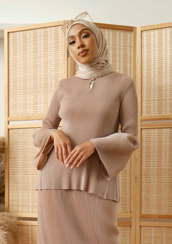 Alisa Khaki Bell Sleeves Pleated Top & Skirt Set