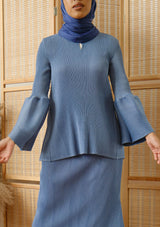 Alisa Sky Blue Bell Sleeves Pleated Top & Skirt Set