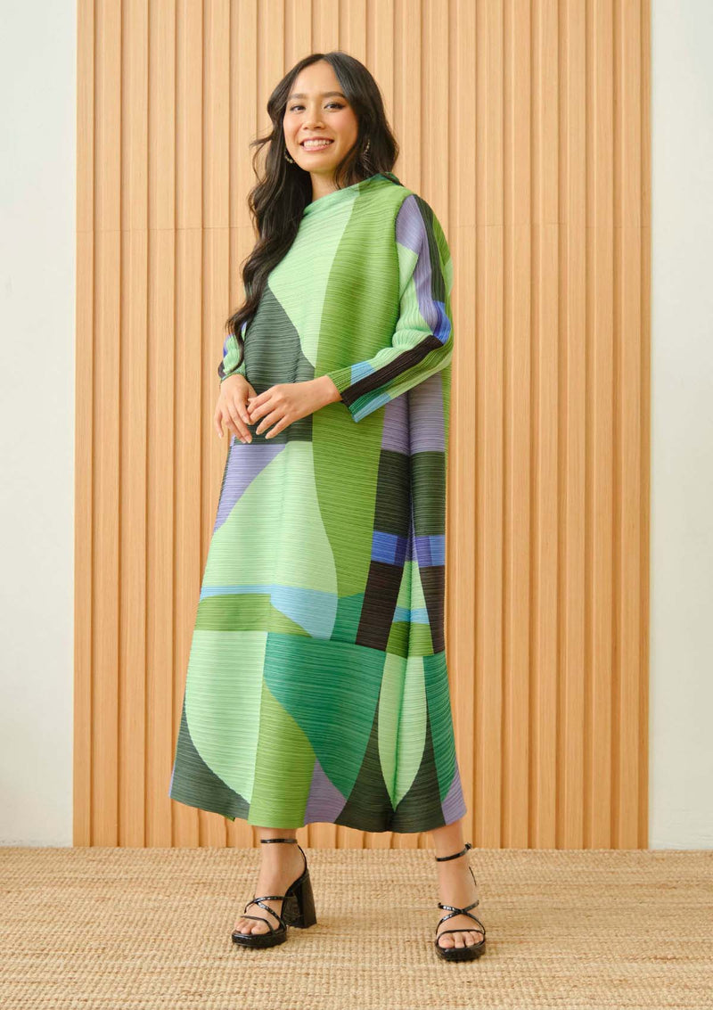 Haizen Green Colourblock Pleated Dress