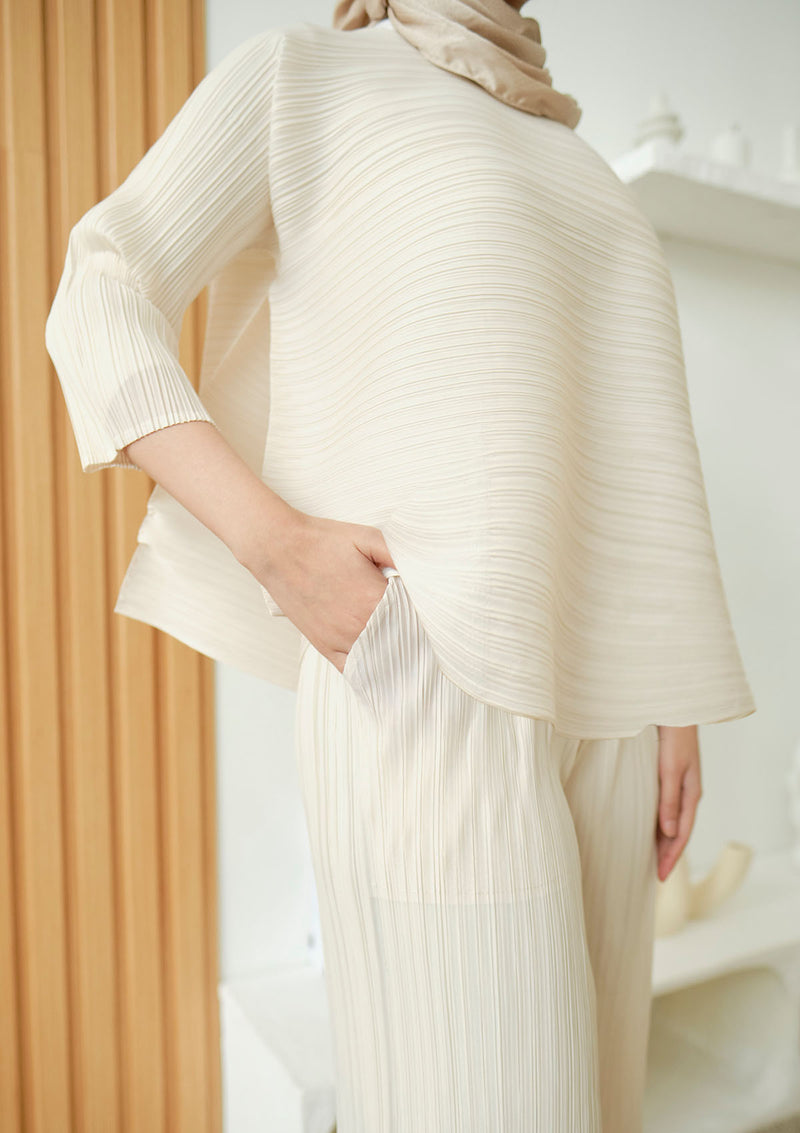 Jawiya Nude Pleated Top and Flair Pants Set