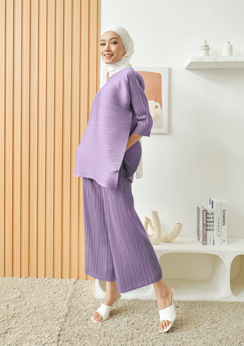Jawiya Purple Pleated Top and Flair Pants Set