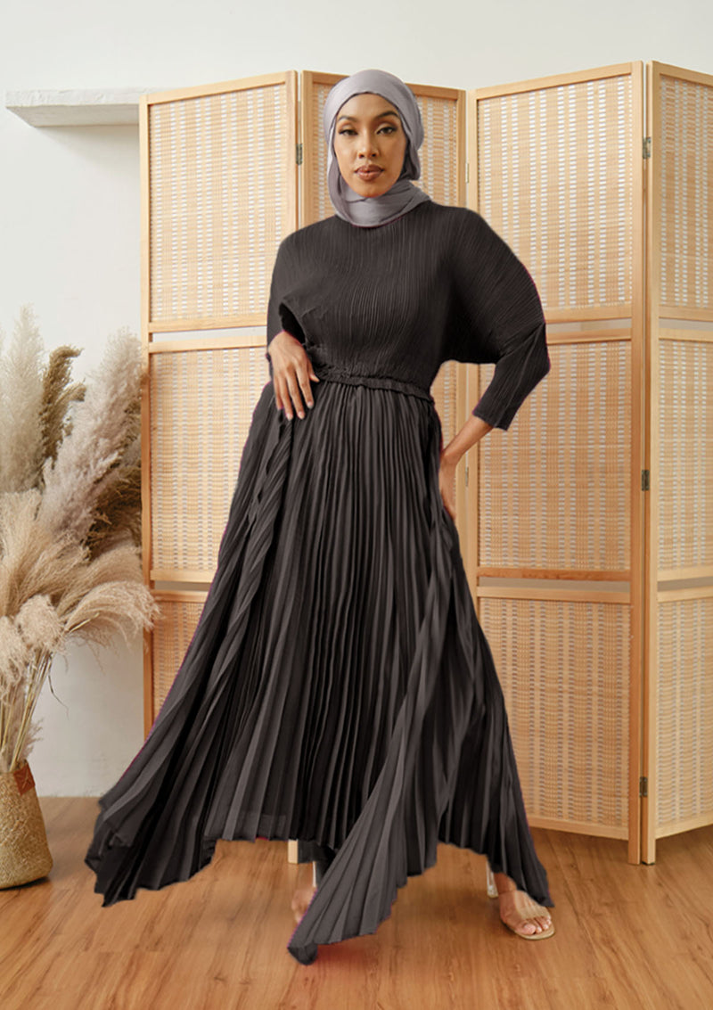 Lenox Black Puffed Sleeve Pleated Dress