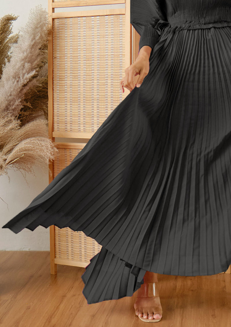 Lenox Black Puffed Sleeve Pleated Dress