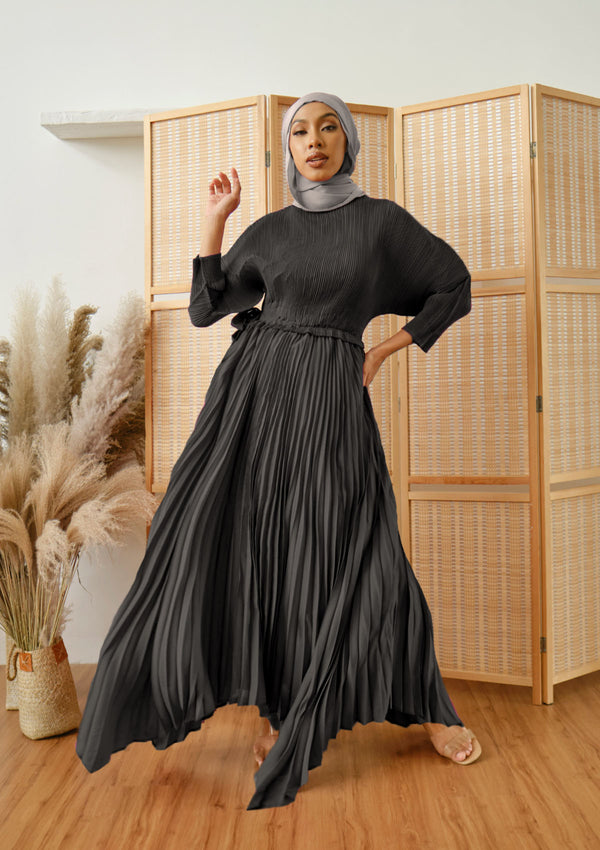 Lenox Black Puffed Sleeve Pleated Dress