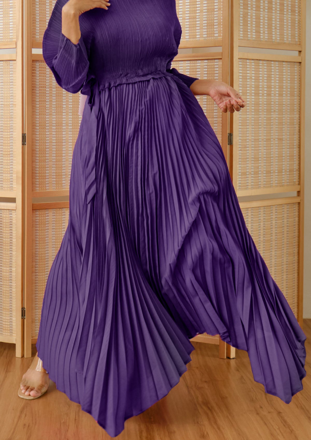 Lenox Purple Puffed Sleeve Pleated Dress