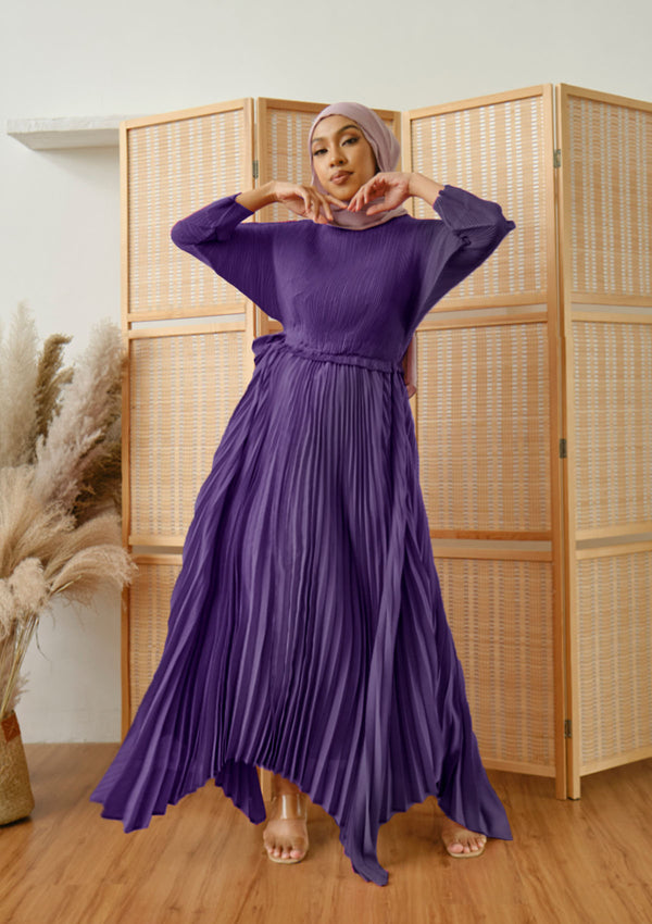 Lenox Purple Puffed Sleeve Pleated Dress