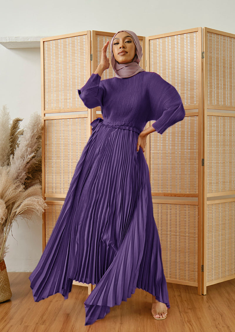 Lenox Purple Puffed Sleeve Pleated Dress