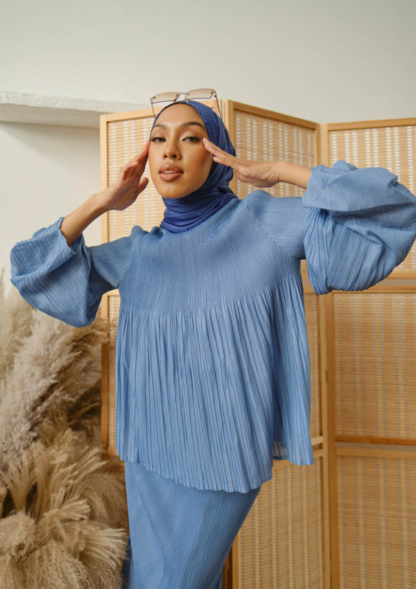 Majorie Blue Pleated Blouse & Skirt Set