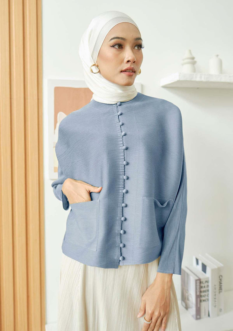 Riley Baby Blue Front Pocket Pleated Top