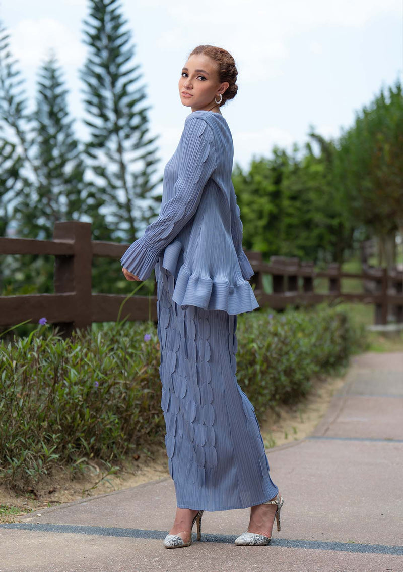 Savannah Cloudy Blue Pleated Kurung Set