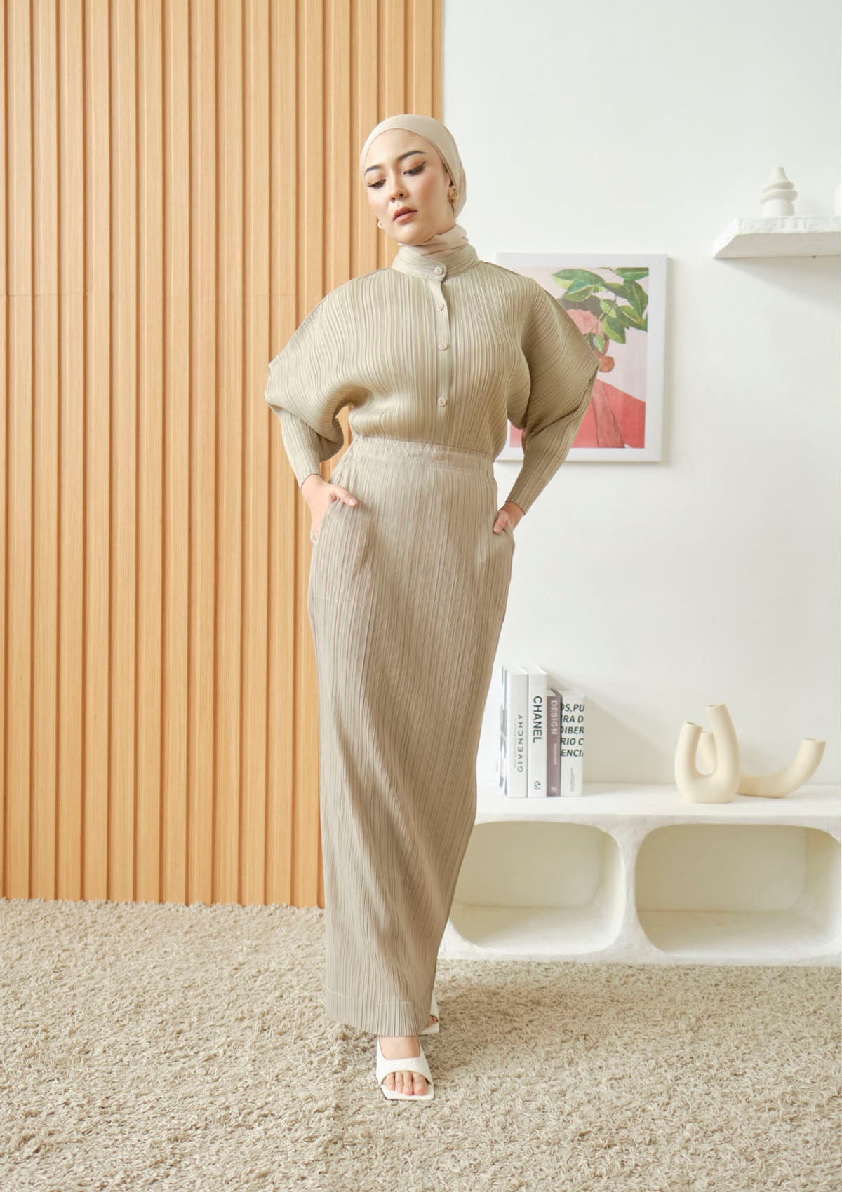 Gia Champagne Puffed Sleeve Pleated Top