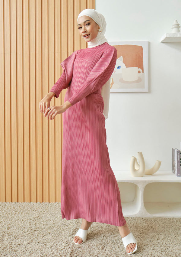 Juniper Rose Pink Puff Sleeves Pleated Dress