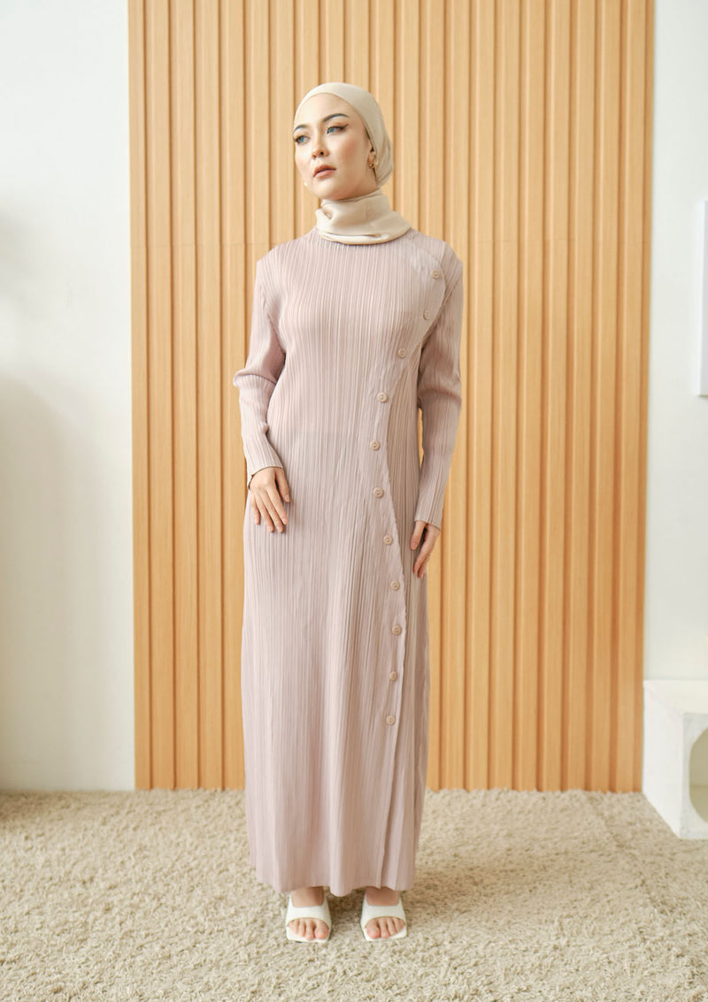 Kaxie Khaki Button Pleated Long Dress